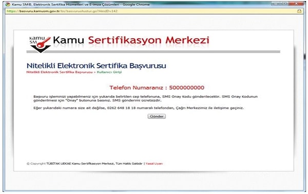 6. Başvuru formuna girmiş olduğunuz cep telefonuna SMS onay kodu gönderilmesi için “Gönder” butonuna tıklayın.