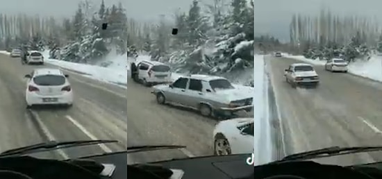 Sürücülerin Kaymamak İçin Kenara Çekmek Zorunda Kaldığı Buzlu Yolda Makas Atarak İlerleyen Toros