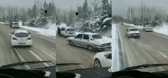 Sürücülerin Kaymamak İçin Kenara Çekmek Zorunda Kaldığı Buzlu Yolda Makas Atarak İlerleyen Toros