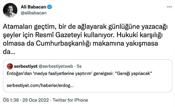 Babacan, sosyal medyada yaptığı açıklamda şu ifadeleri kullandı: