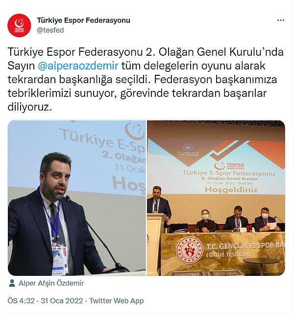 Türkiye Espor Federasyonu sosyal medya platformu Twitter üzerinden yaptığı paylaşım ile başkanlarını ve ekibini kutladı.