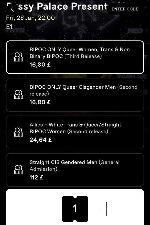 Queer, trans veya 'non binary' BIPOC'lar için 16.80 pound olarak fiyatlandırdı.