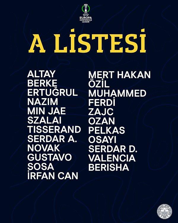 Yapılan açıklamaya göre, Fenerbahçe'nin Avrupa Konferans Ligi kadrosunda şu isimler yer aldı: