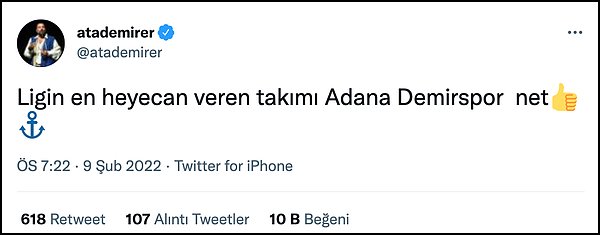 Ünlü komedyen twitter hesabı üzerinden 'Ligin en heyecan veren takımı Adana Demirspor net' dedi.