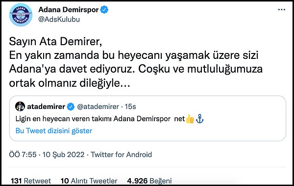 Adana Demirspor, Ata Demirer'in paylaşımını alıntılayarak şehre davet etti.