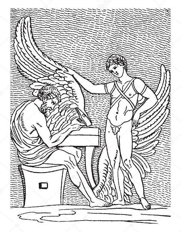 Theseus'un zaferinde Daedalus'un parmağı olduğunu öğrenen ve tahta ineğe çok sinirlenen Minos, Daedalus ve oğlu İkarus'u labirente hapsetti.