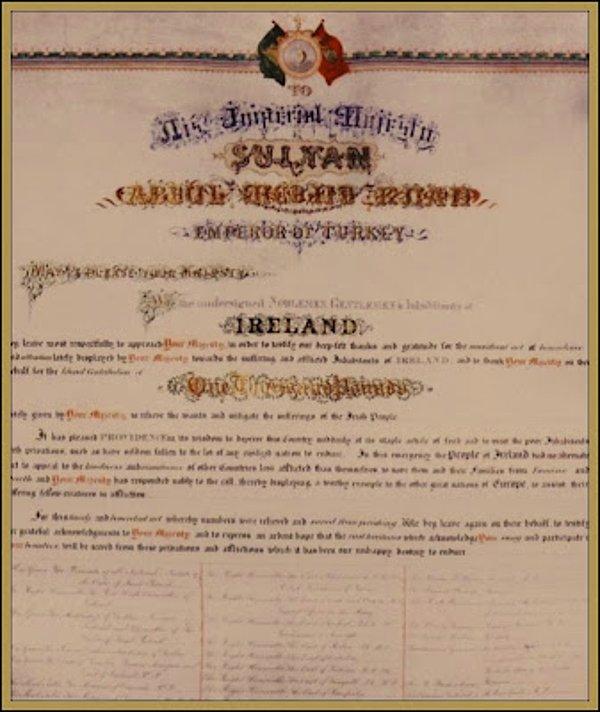 İrlanda Asilzâdeleri'nin Osmanlı Padişahı'na gönderdikleri teşekkür mektubu ise hala Topkapı Sarayı'nın arşivlerinde bulunmakta.