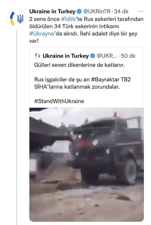 "2 sene önce İdlib'te Rus askerleri tarafından öldürülen 34 Türk askerinin intikamı Ukrayna'da alındı. İlahi adalet diye bir şey var." yazarak  paylaştıkları Bayraktar SİHA'lı video, Twitter'da gündem oldu ve eleştiri yağmuruna tutuldu.