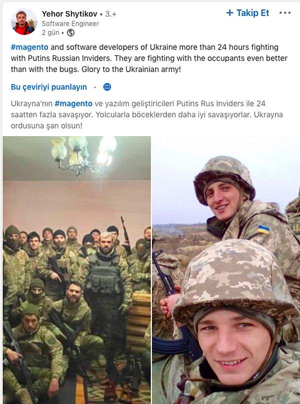 Ellerindeki silahlarla bir grup yazılım geliştiricisinin Ukrayna ordusunun yanında savaştığı paylaşım.