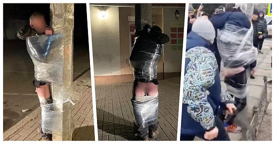 Ukrayna'da Mağazaları Yağmalayan ve Hırsızlık Yapan Kişiler Çıplak Şekilde Direklere Streçlenip Kırbaçlandı