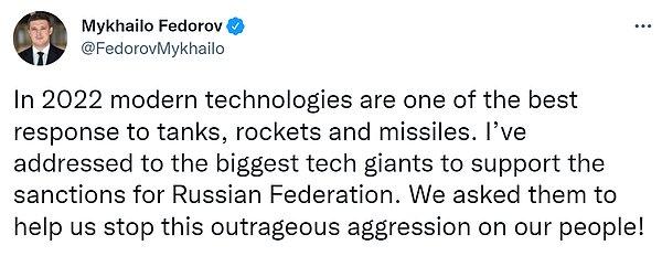 Fedorov’un attığı tweet şu şekilde: