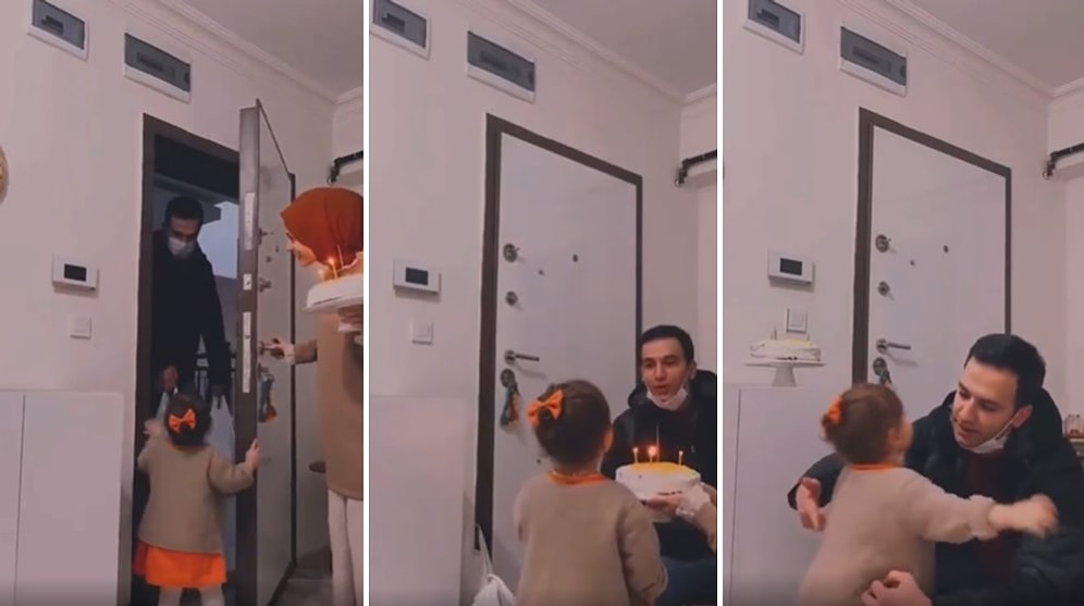 İşten Gelen Babasını Kapıda Karşılayıp Doğum Gününü Kutlayan Ufaklığın İçinizi Isıtacak Anları