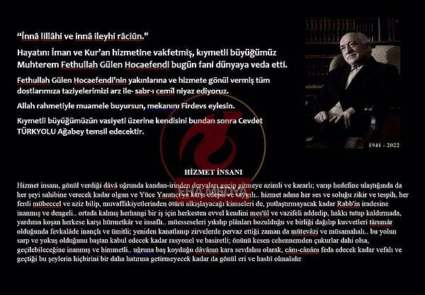 Tughrbooks, taziye mesajında örgütü Cevdet Türkyolu'nun temsil edeceğini ifade etti.