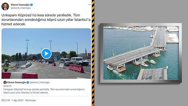 Bu paylaşımdan aylar sonra Ümraniye Belediyesi'nde Başkan Yardımcısı görevini üstlenen ve aynı zamanda İBB Meclis Üyesi olan Yavuz Selim Tuncer, İmamoğlu'nun tweetiyle birlikte köprünün ikiye ayrılmış halini paylaştı.