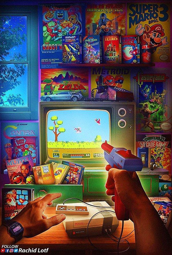 3. NES ve bir türlü nasıl çalıştığına akıl sır erdiremediğimiz, teknolojinin son noktası oyun Duck Hunt bu çalışmada başrolde olsa da oda diğer çalışmalardaki gibi detay dolu.