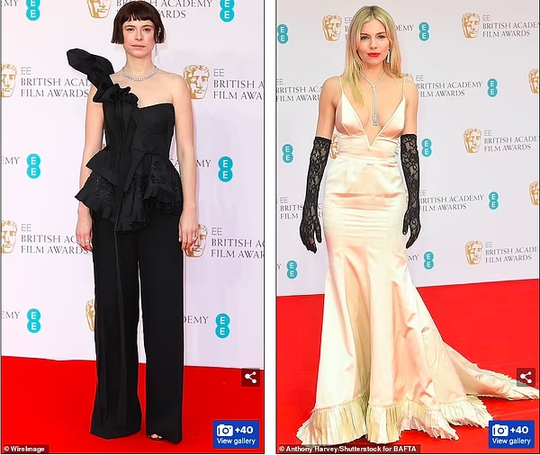 Столь же спорным был образ Сиенны Миллер(справа), которая сочетала свое золотое платье с глубоким вырезом с парой черных кружевных оперных перчаток. На ее золотом платье с ремешками были полоски ткани с перьями по низу, которые напоминали отделку занавесок.