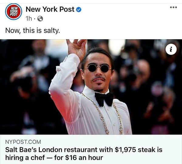 13. Ресторан Salt Bae (Нусрета Гёкче) в Лондоне со стейком стоимостью в 1975 долларов нанимает повара всего за 16 долларов в час