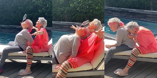 Yaş Yetmiş İş Bitmemiş: Ağzında Tuttuğu Kadehle Kankasına İçki İçiren Teyzenin Çılgınca Eğlendiği Anlar