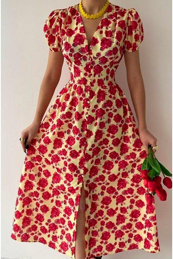 1. Lalisa Butik Kırmızı Çiçek Desenli Önü Düğmeli Midi Boy Elbise