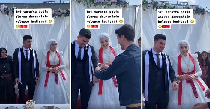 Gelin ile Damat Polis Olunca Düğünde Takı Hediyesi Olarak Kelepçe Takıp Çifti Kelepçelediler