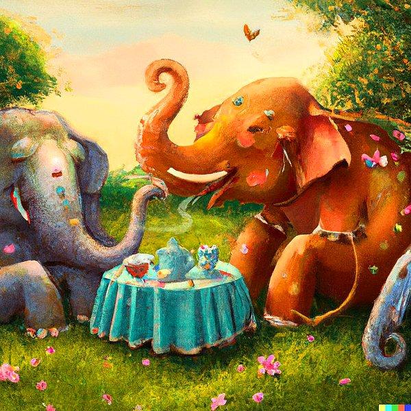 14. "Çimlerin üzerinde oturmuş çay içen yapan filler"