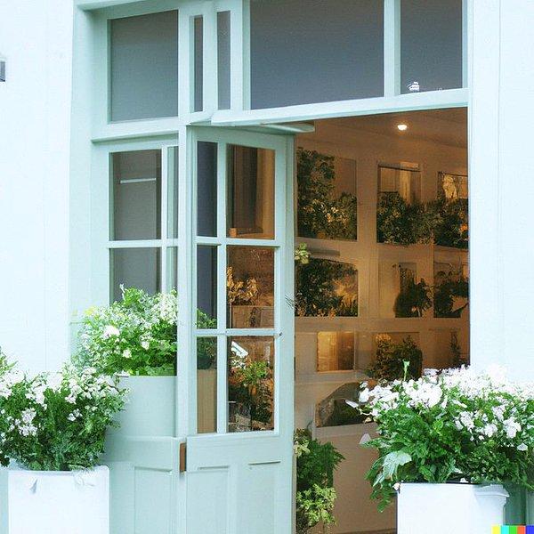 3. "Büyük pencereleri olan, temiz beyaz cepheye sahip ve kapıları açık bir çiçekçi dükkanının fotoğrafı"