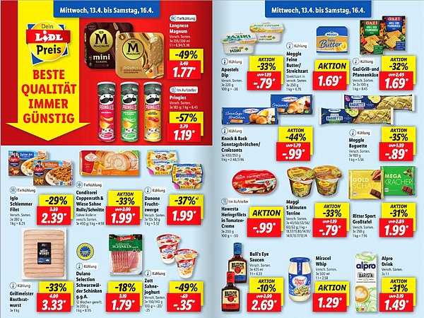 Lidl marketinin 13-16 Nisan 2022 broşüründe yer alan indirimli ve indirimsiz çeşitli gıda ürünlerinin fiyatları: