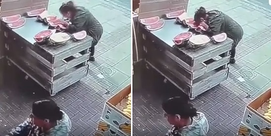 Ağız Hakkı Mı Bu? Manav Tezgahındaki Dilimli Karpuza Kafasını Geçirip Isırarak Yiyen Kadın
