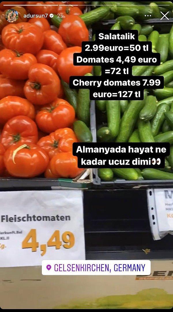 Story'ye “Almanya’da hayat ne kadar ucuz değil mi?” yazan Dursun, marketteki sebze fiyatlarını TL cinsine çevirerek eleştirdi.