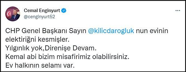 Kılıçdaroğlu'nun elektriğinin kesilmesinin ardından sosyal medyada konuyla ilgili pek çok paylaşım yapıldı. Demokrat Parti Ordu Milletvekili Cemal Enginyurt, Kılıçdaroğlu ve eşini evine davet etti. 👇