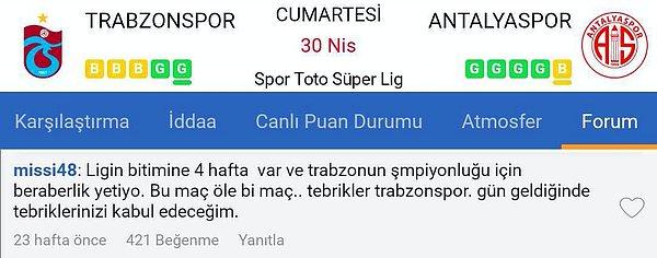 23 hafta önce 'missi48' nickli kullanıcı Trabzonspor Antalyaspor maçı için aynen şunları yazmış: