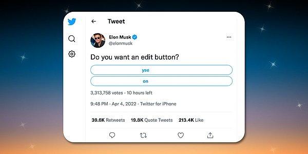 Elon Musk, Twitter'ı satın alacağı yönündeki söylentiler çıktığı gibi bir anket düzenleyerek 'Edit' yani düzenleme seçeneğini getirmeyi sormuştu.