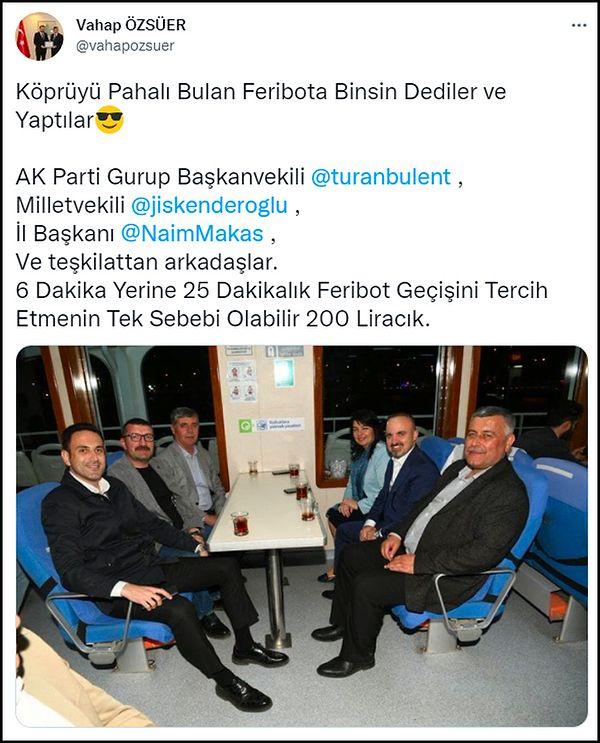 Gelecek Partisi Çanakkale İl Başkanı Vahap Özsüer, AKP'li vekillerin 1915 Çanakkale Köprüsü yerine feribotta seyahat ettiklerini gösteren bir fotoğraf paylaşarak "6 dakikada geçiş yerine 25 dakikada geçişi tercih etmenin tek sebebi var; 200 liracık" dedi.  👇