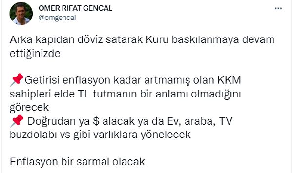 Eski hazineci ve finansal danışman Ömer Rıfat Gencal, dövizde yapılan baskılamanın enflasyona neden olduğunu şu şekilde anlattı👇