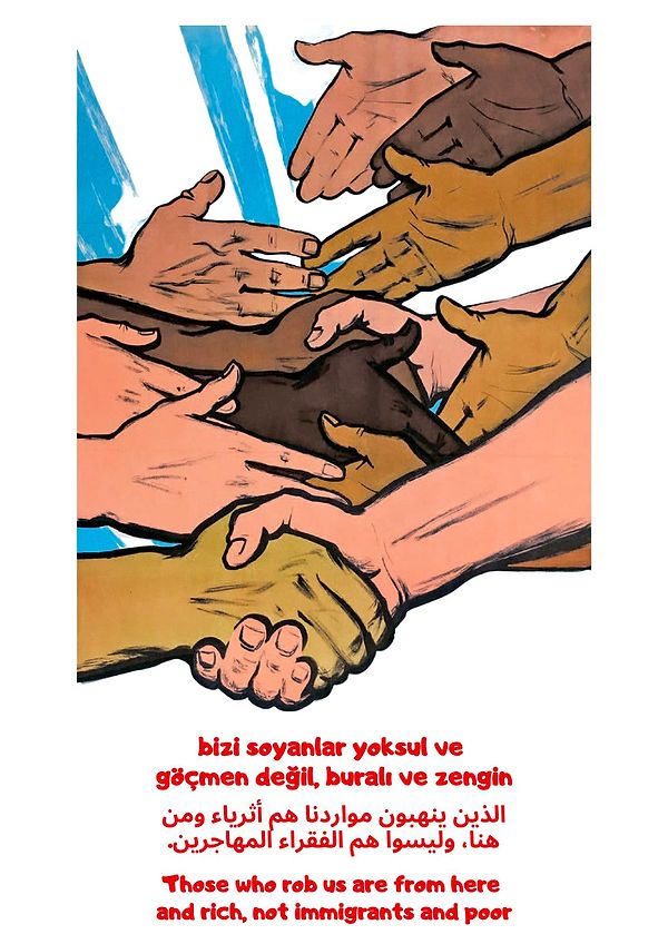 Stickerların üzerinde ise 'Bizi soyanlar göçmen ve yoksul değil, buralı ve zengin.' yazıldı.