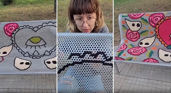 Sokaktaki Oturma Bankını Kanaviçe Sanatıyla Muhteşem Bir Tasarıma Dönüştüren Yetenekli İnsanlar