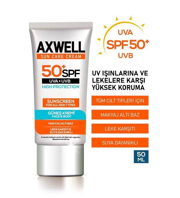 10. Makyaj bazı olarak da kullanabileceğiniz Axwell SPF 50+ Leke Karşıtı Nemlendirici Yüksek Koruma Güneş Kremi