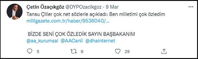 Diğeri ise DYP Genel Başkanı Çetin Özaçıkgöz'ün 9 Mart tarihinde yaptığı Twitter paylaşımı. 👇