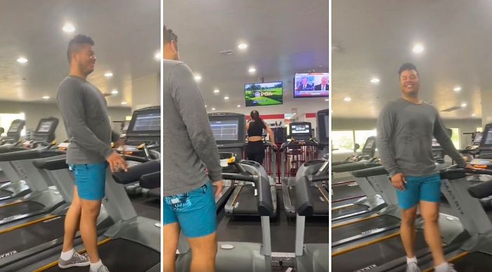 Bomboş Spor Salonunda Bir Kadının Arkasına Geçerek Spor Yapan Adamın Sevgilisine Basıldığı Anlar