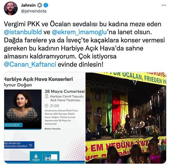 Jahrein'in 28 Mayıs'ta İBB Harbiye Cemil Topuzlu Açık Hava Tiyatrosu'nda düzenlenen Aynur Doğan konseriyle ilgili yaptığı bu paylaşım da bir süre konuşulmuştu.