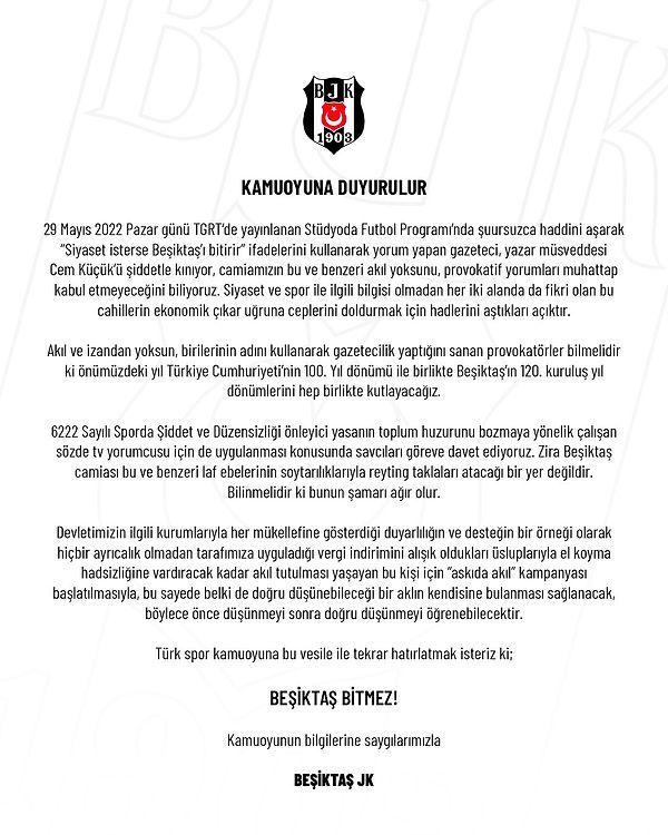 Bu sözlerin üzerine Beşiktaş'ın resmi hesaplarından ağır bir cevap metni yayımlandı: #BeşiktaşBitmez!