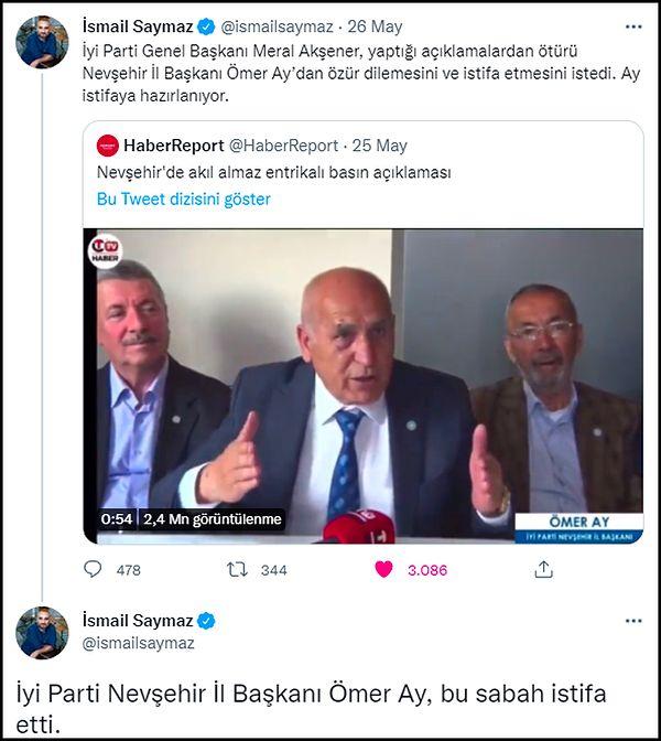 Daha önce Meral Akşener'in Ömer Ay’dan özür dilemesini ve istifa etmesini istediğini açıklayan gazeteci İsmail Saymaz, bu kez Ay'ın istifa ettiğini açıkladı. 👇