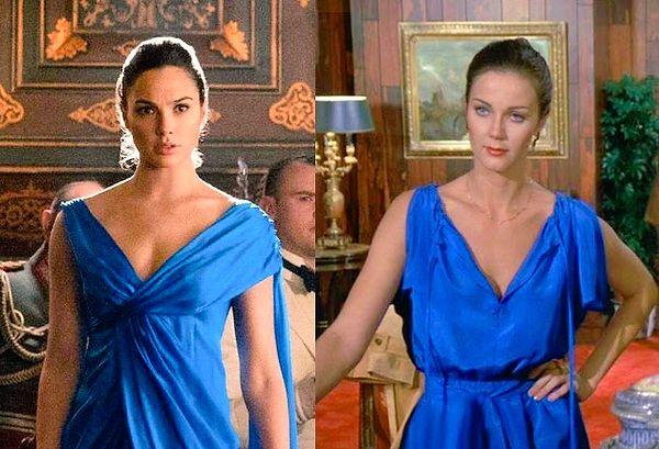 5. Gal Gadot'un canlandırdığı Diana'nın mavi elbisesi, 1970'lerdeki Wonder Woman film uyarlamasında Diana'nın giydiği elbiseye referansta bulunuyor.