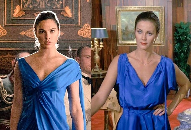 5. Gal Gadot'un canlandırdığı Diana'nın mavi elbisesi, 1970'lerdeki Wonder Woman film uyarlamasında Diana'nın giydiği elbiseye referansta bulunuyor.