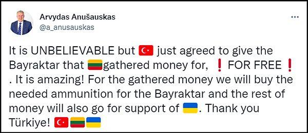 Litvanya Savunma Bakanı Anusauskas bu gelişme karşısında Türkiye'ye teşekkür etti. 👇
