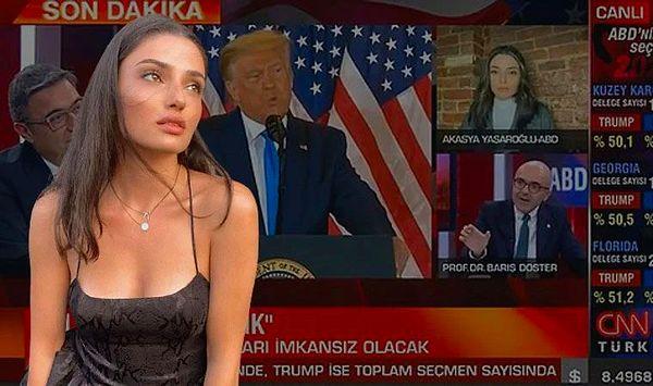 Gelelim Akasya Yaşaroğlu'nu nereden tanıdığımıza ve çete içindeki görevine. 2020 ABD seçimlerinde CNN Türk'te karşımıza çıkan iç mimarlık öğrencisi genç kadın, seçimi yorumlamasıyla dikkat çekmişti.