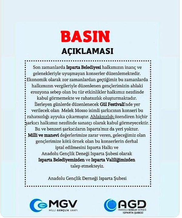 'Ahlaksızlığı' özendiren hiçbir sanatçıyı festivallerinde görmek istemeyen Isparta Valiliği, Gül Festivali'nde sahne alacak olan Melek Mosso'nun konser takviminden çıkarıldığını açıklamıştı.