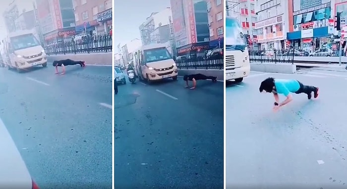 Trafiği Durdurup Yolun Ortasında Şınav Çeken Yabancı Uyruklu Erkek