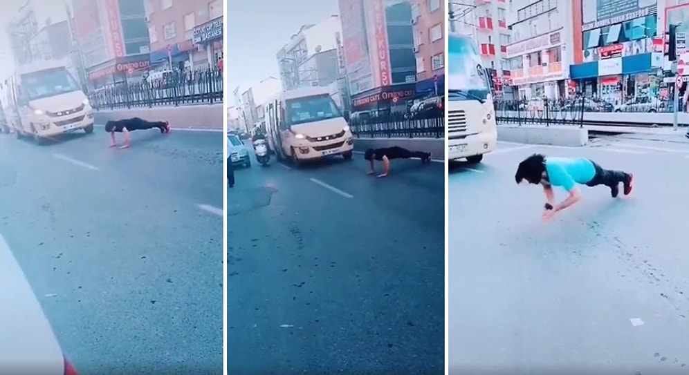 Trafiği Durdurup Yolun Ortasında Şınav Çeken Yabancı Uyruklu Erkek