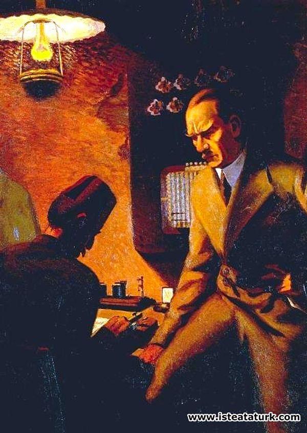Bugün ölen Türkler arasında olan Şeref Akdik, Cumhuriyet dönemi ressamlarımızdan olup açtığı kişisel ve katıldığı karma sergilerle ismini yurt içi ve dışında duyurmayı başarır. 1934 yılında çizdiği bu tabloda da Atatürk'ü telgraf başında resmeder.